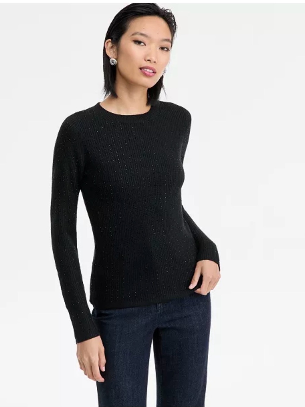NWT INC Women's Black Rhinestone Ribbed Sweater
